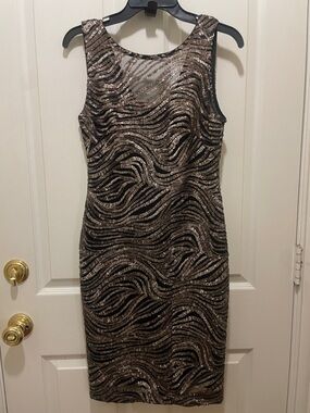 Calvin Klein Black and Gold Sequin Zebra-Print Midi Dress